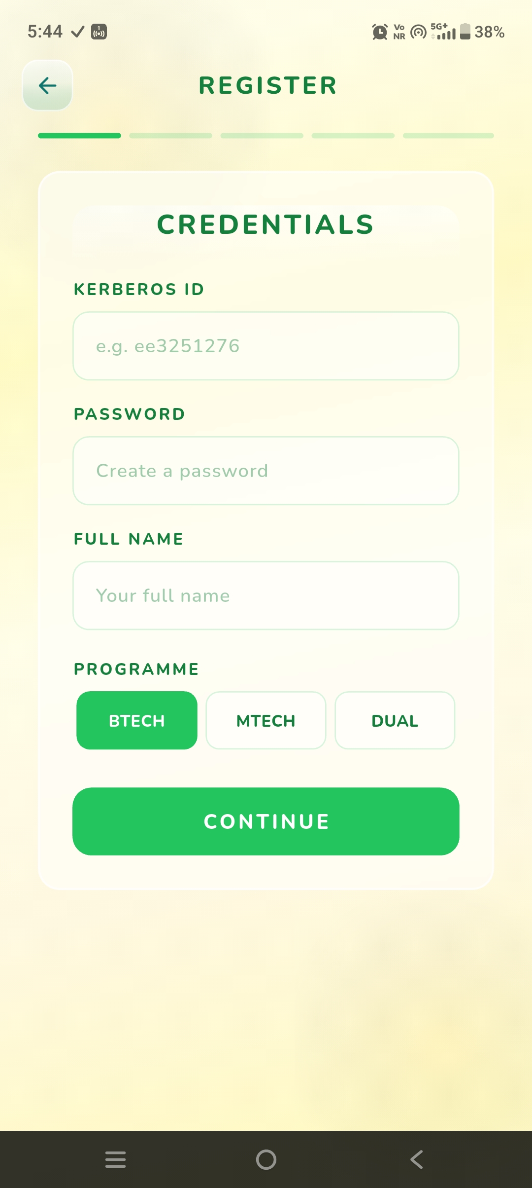 UAI registration credentials screen
