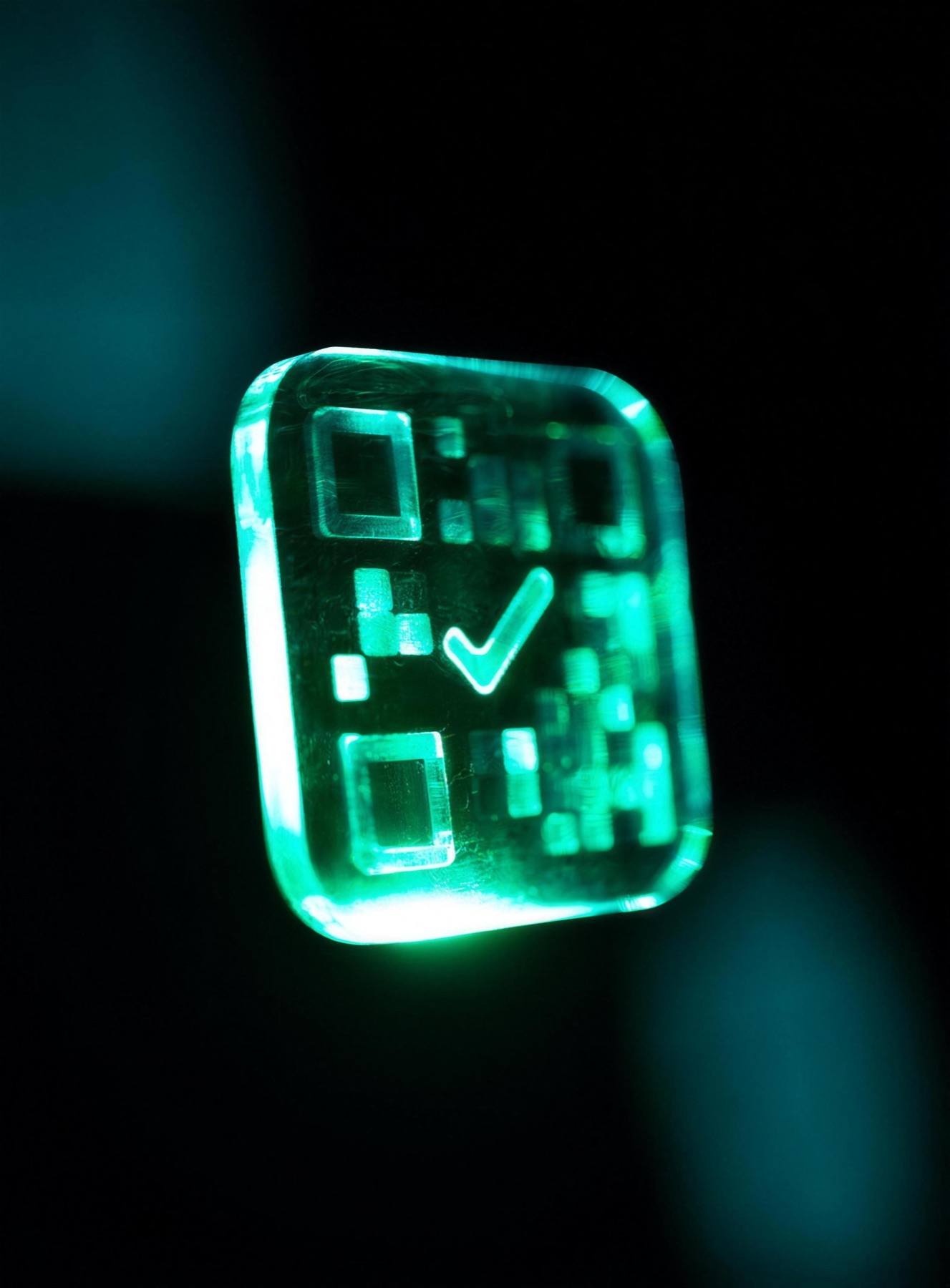 Abstract glowing emerald wireframe cube being scanned by a beam of light, representing UAI attendance verification