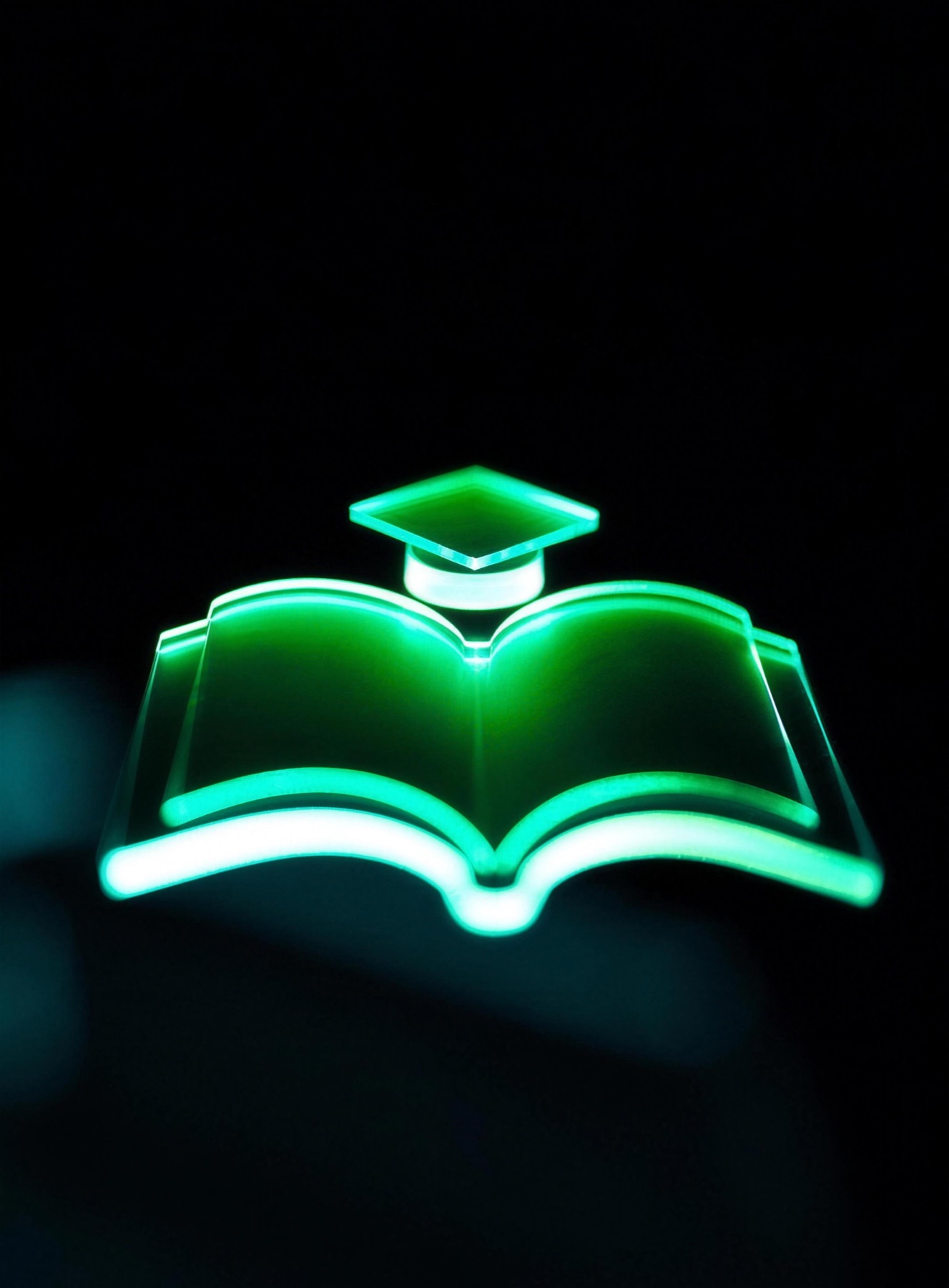 Glowing emerald glass open book with a graduation cap, representing UAI's course feed