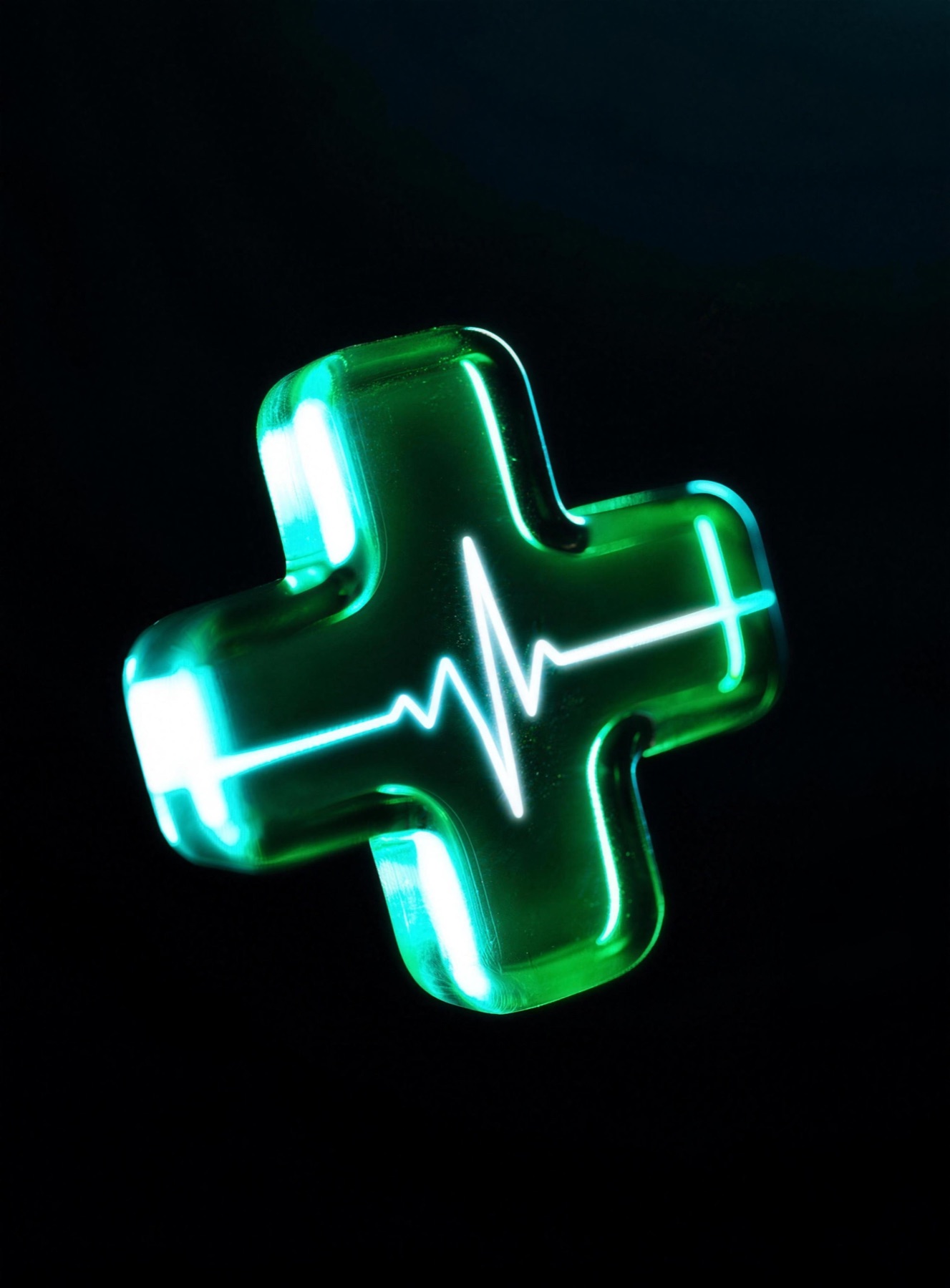Abstract glowing emerald wireframe cross, representing the UAI hospital and health module