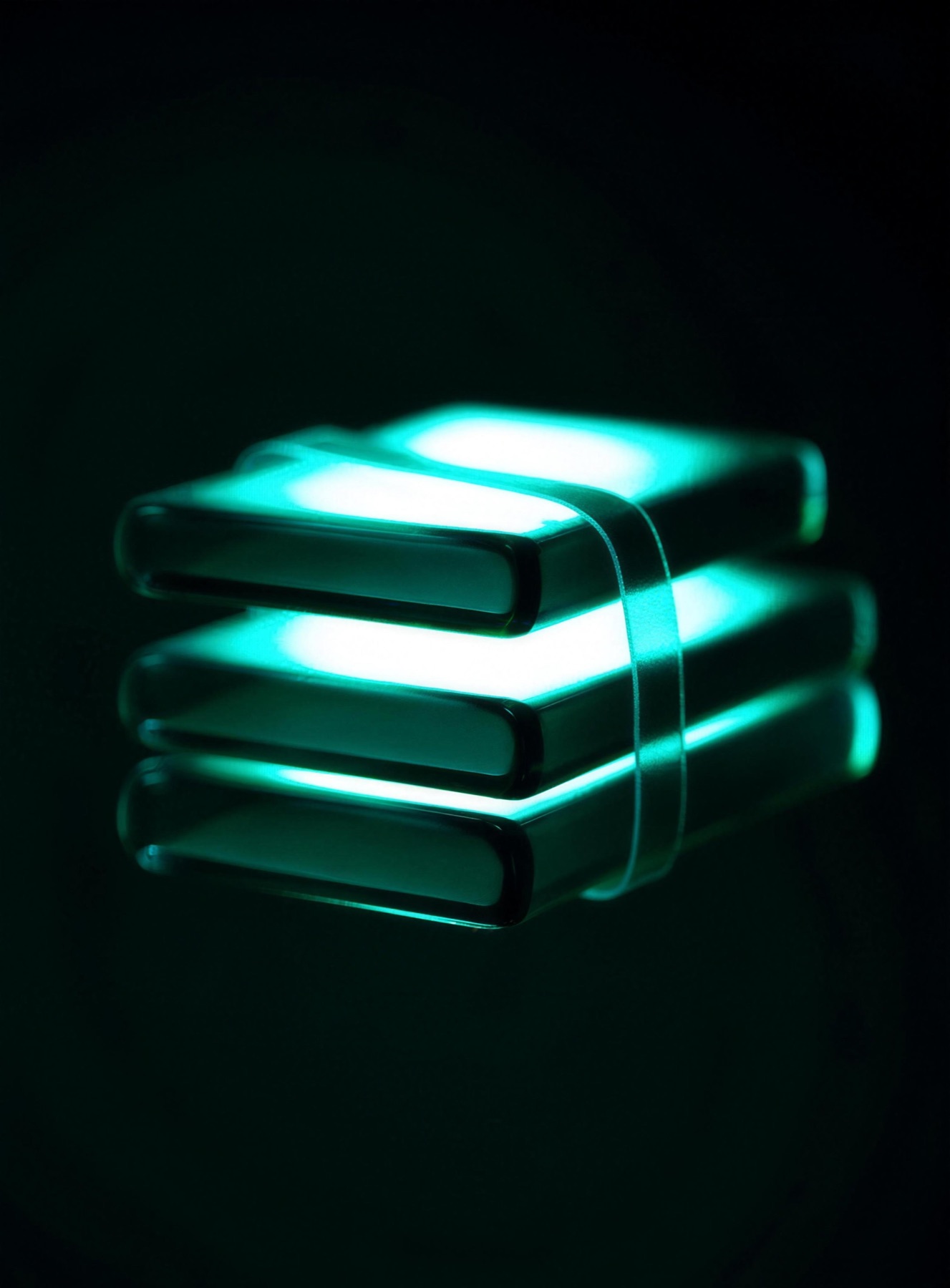Abstract stacked translucent emerald glass slabs like an archive, representing the UAI library module